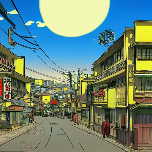 Prompt: japanese town, neighborhood, surreal neighborhood, street view, anime, modern neighborhood, japanese city, underground city, modern city, tokyo - esque town, 2 0 0 1 anime, cel - shading, compact buildings, sepia sunshine, yellow sunshine