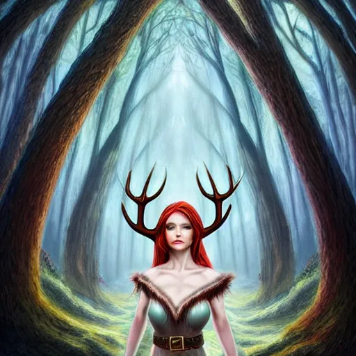 Prompt: elf woman that has antlers, forest in background, matte oil painting, dnd art, fantasy, stunning, beautiful, feral, clear, crisp, sharp, award - winning, portrait, extremely detailed