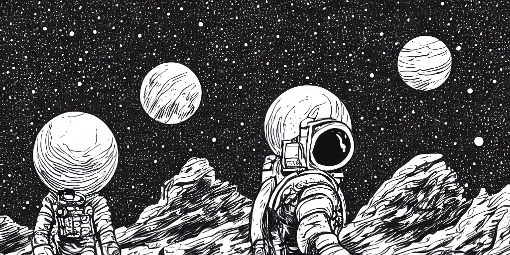 Prompt: ink lineart drawing of a planet, looming over an astronaut's shoulder, wide angle, space background, artstation, style of junji ito, chinese brush pen, illustration, high contrast, deep black tones contour