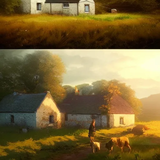 Image similar to small irish homestead in the countryside, 4 k, concept art, by wlop, ilya kuvshinov, artgerm, krenz cushart, greg rutkowski, pixiv. cinematic dramatic atmosphere, sharp focus, volumetric lighting, cinematic lighting, studio quality