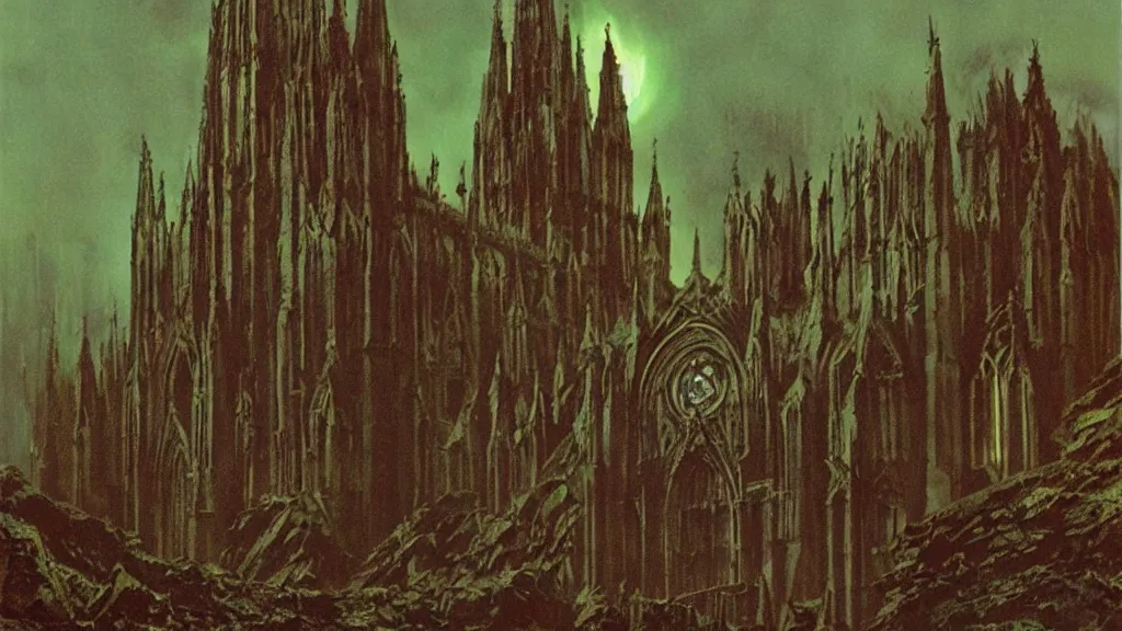 Image similar to eerie atmospheric alien planet with a cathedral like rocket by jack gaughan and bob eggleton and chris moore, epic cinematic matte painting