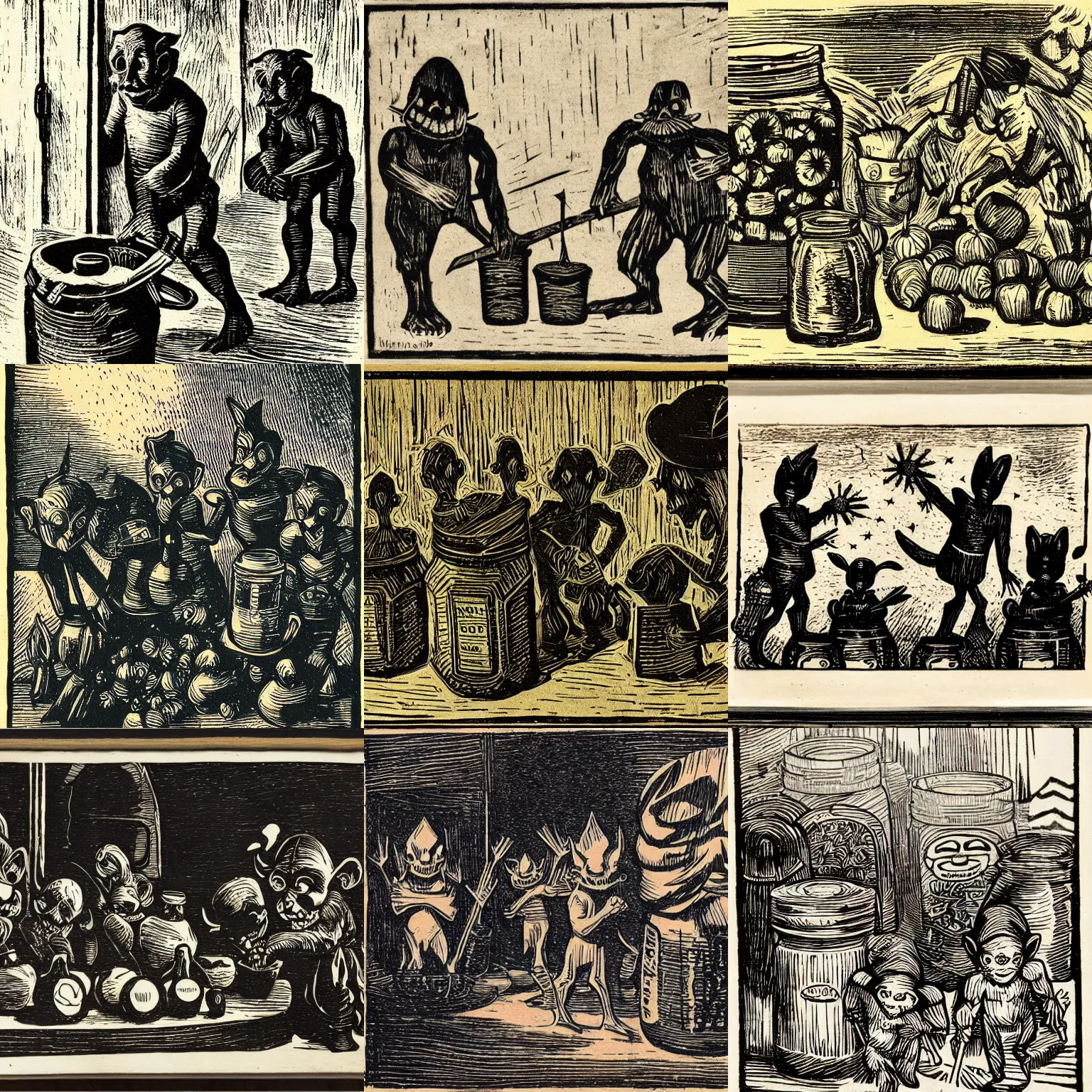 Prompt: tonalist woodcut of star - goblins amongst pickling jars, chiaroscuro, charcoals, symbolist, monochromatic