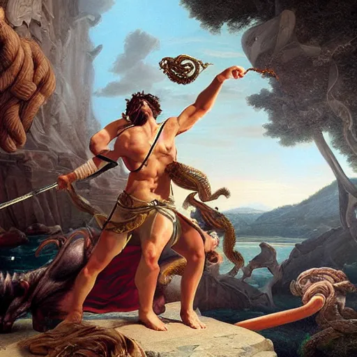 Image similar to detailed illustration of perseus vs medusa, hyper detailed, realistic, oil painting, artwork by asher brown durand, cinematic lighting