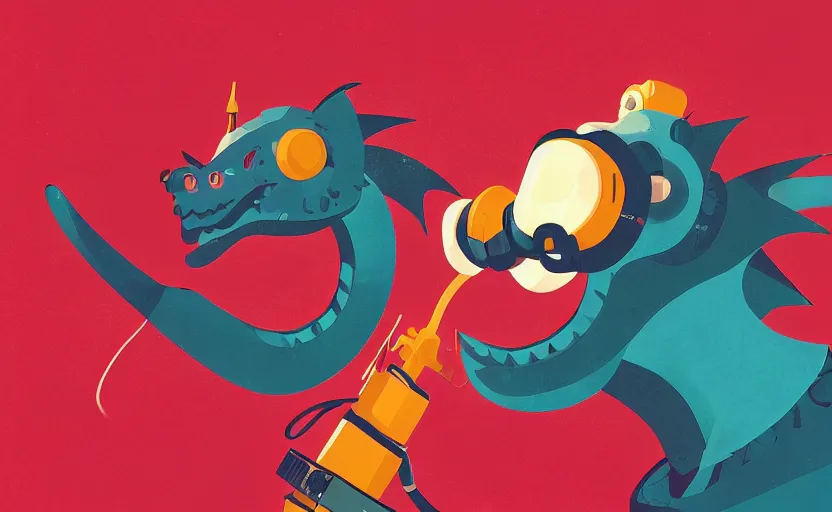 Image similar to close - up of a dragon wearing a radio in his neck, james gilleard, print, game art