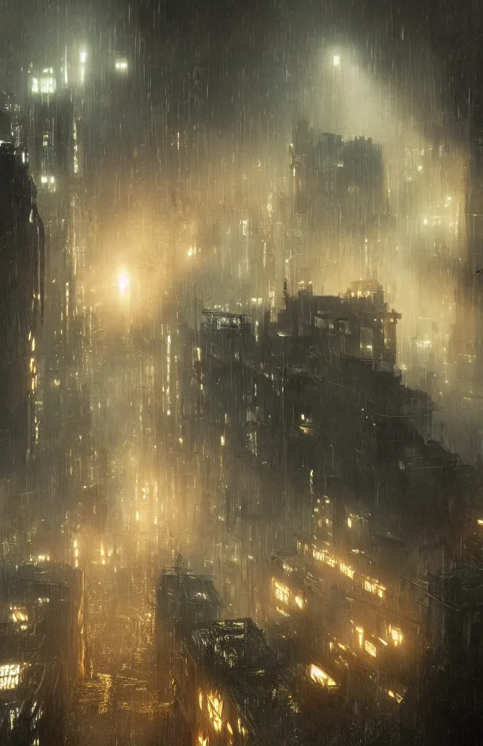 Image similar to a highly detailed blade runner scene in a swiss landscape, detailed, hyperreal phantastic, intricate details in environment, luminance, golden ratio, high aestehtic, cinematic light dramatic light, godrays, distance, photobash, wideangle, terrence malick, hyperreal 4 k