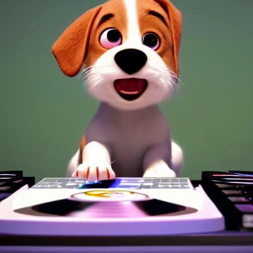 Image similar to puppy as a happy DJ, 8k, by Pixar