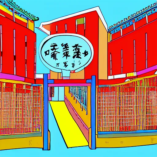 Image similar to a chinese prison, in the style of daniel johnston, 8 k, line brush, minimal, brightly coloured, flat blocks of color, overlaid with chinese adverts