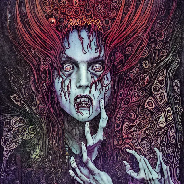 Prompt: complex, black ink & copic markers, spiritual horror lsd art in muted colors, disturbing grunge still of a lovecraftian demon infested cashier at wallmart, by arthur adams, by tom bagshaw, by henry asencio, by kikuchi hideyuki