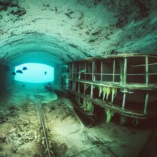 Image similar to abandoned rusty underwater theme park, surreal, horror, eerie, creepy, murky water, underwater, underwater photography, dark, submechanophobia, open ocean, fish swimming in distance, night,