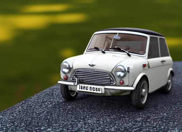 Image similar to a small miniature of a Mini Cooper S 1963 on a white table near a vase with a plant, 3d render, octane render, unreal engine 5, path tracing, serene landscape, calm, relaxing, beautiful landscape, highly detailed, high quality, 4k, symmetrical, low contrast