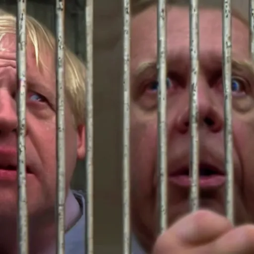 Image similar to scene from shawshank redemption of boris johnson behind bars, photorealistic, highly detailed 8 k