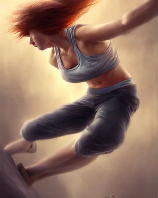 Prompt: female parkour, perfect face, halter top, ginger hair, grey eyes, cinematic, stunning, agile, highly detailed, digital painting, artstation, smooth, hard focus, illustration, art by jessica rossier and and brian froud