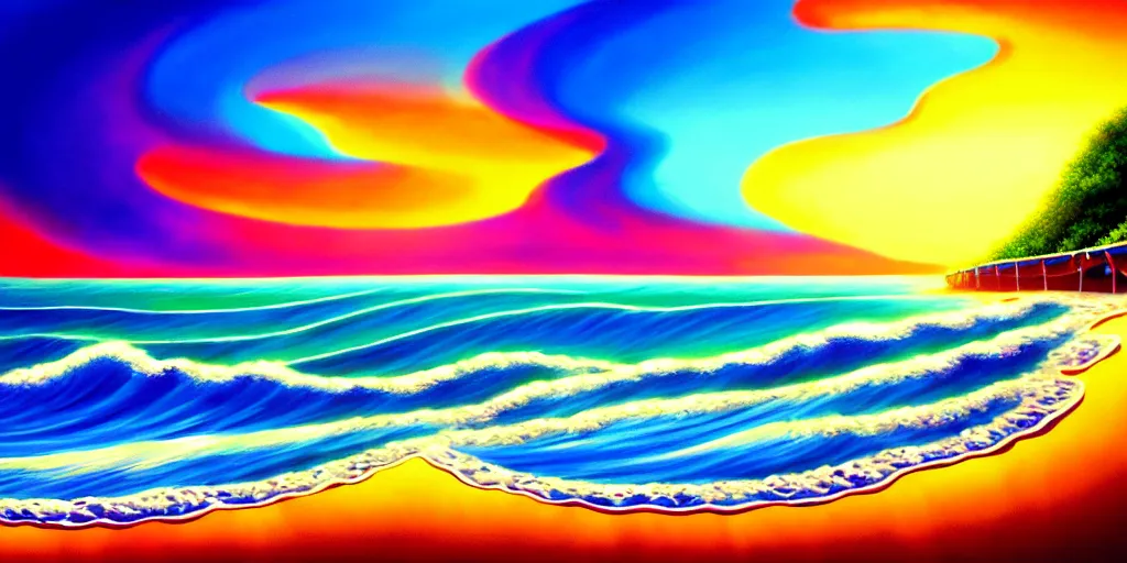 Image similar to a beach shaped like a singing mouth, the waves are made is musical notes, one wave is shaped like the mouths tongue, very colorful painting 8 k trending on art station, intricate details, very realistic, cinematic lighting, volumetric lighting,