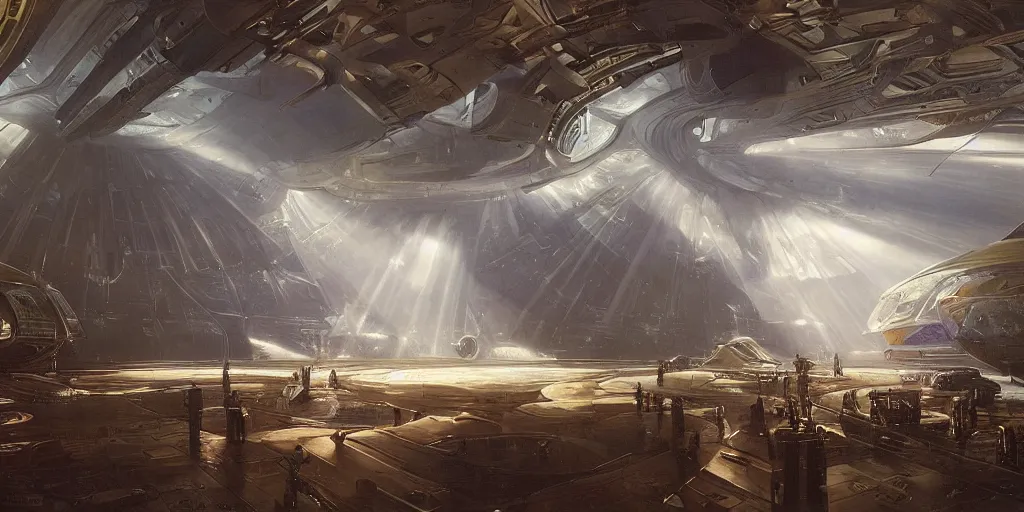 Prompt: wide shot, interior of an alien spaceship, futuristic, hyperrealism, crepuscular rays, ray tracing, by alphosne mucha adolf hiremy hirschl