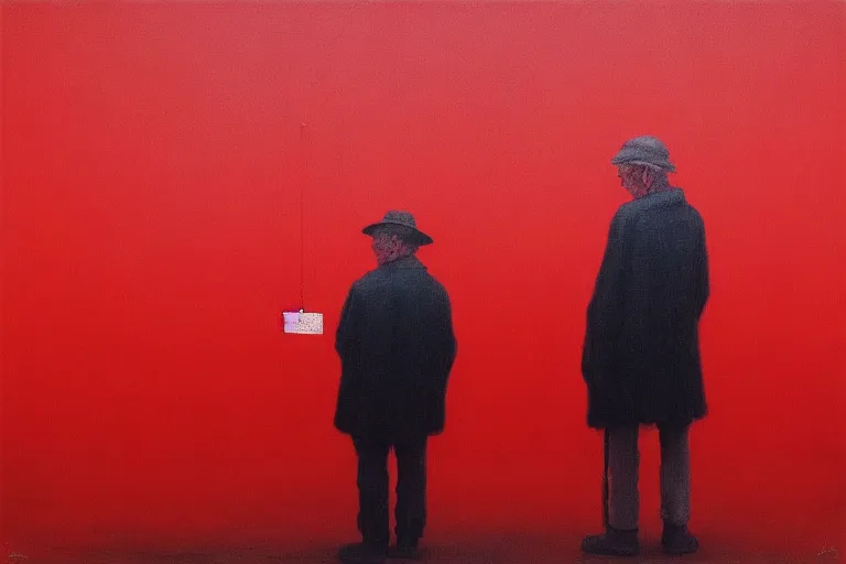 Image similar to only with red, a red old man try to sell a portrait, in a square, crowd cheering, in the style of beksinski, parts by edward hopper, parts by rodcenko, parts by yue minjun, intricate and epic composition, red by caravaggio, insanely quality, highly detailed, masterpiece, red light, artstation, 4 k