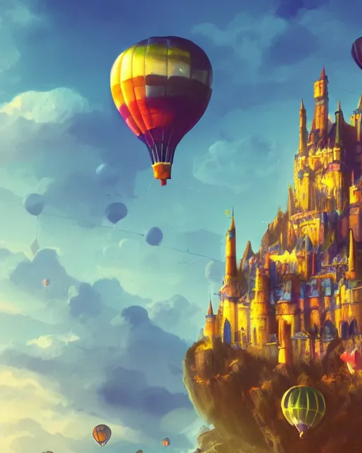 Image similar to flying cloud castle, buildings, baloons, machines, bright, blue sky, mountains, colorful, cinematic lighting, fantasy, high detail, illustration, masterpiece, artstation, 4 k, art by jana schirmer