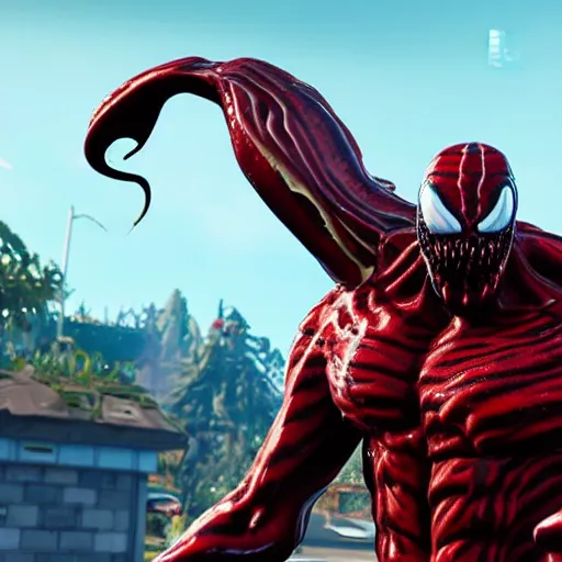 Prompt: Carnage (Venom 2018) in Fortnite, screenshot