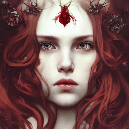 Image similar to portrait of very beautiful vampire, rose thorn crown, thorns everywhere, headshot, pale skin, 4k, rule of thirds, extreme detail, detailed drawing, trending artstation, hd, fantasy, D&D, realistic lighting, by Alphonse Mucha, Greg Rutkowski, sharp focus, backlit, bright red hair, elegant