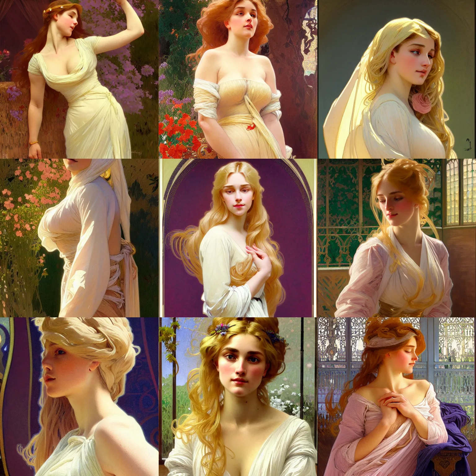 Prompt: painted portrait of a modest wife blessed by god to grow ever - more intelligent beautiful virtuous and curvy. blonde, holy body dressed modestly, light effect. feminine, powerful, in clothes! intricate, elegant, highly detailed, digital painting, artstation, concept art, smooth, sharp focus, illustration, art by gaston bussiere and alphonse mucha