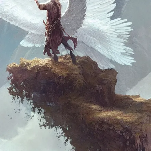 Image similar to angel protecting man falling from a cliff, detailed intricate ink illustration, happy atmosphere, detailed illustration, hd, 4k, digital art, overdetailed art, by greg rutkowski, by loish, complementing colors, Trending on artstation, movie poster style