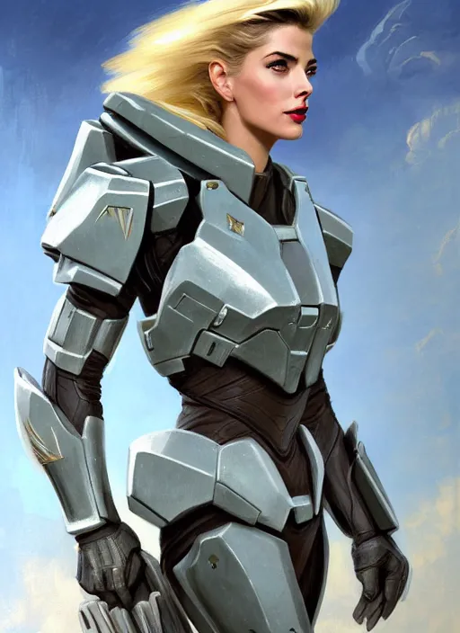 Prompt: A combination of Adriana Dxim's and Grace Kelly's and Ashley Greene's appearances with blonde hair wearing Forerunner armor from Halo, countryside, calm, fantasy character portrait, dynamic pose, above view, sunny day, thunder clouds in the sky, artwork by Jeremy Lipkin and Giuseppe Dangelico Pino and Michael Garmash and Rob Rey and Greg Manchess and Huang Guangjian, very coherent asymmetrical artwork, sharp edges, perfect face, simple form, 100mm