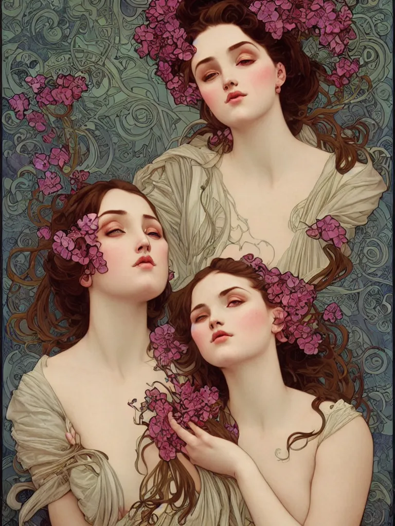 Image similar to portrait of a beautiful curvy symmetrical woman, sensuality, wrapped in flowers, art by Charlie Bowater, Alphonse Mucha, Tom Bagshaw