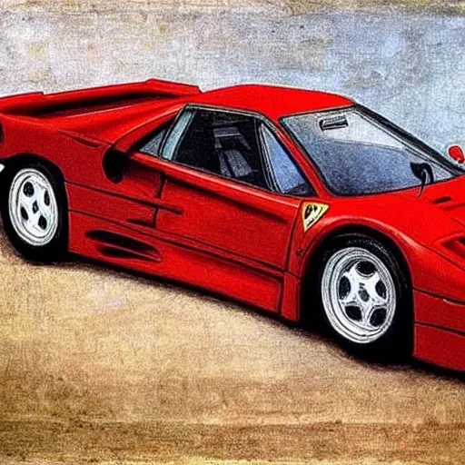 Image similar to Painting of a Ferrari F40, italian High Renaissance art by Leonardo da Vinci