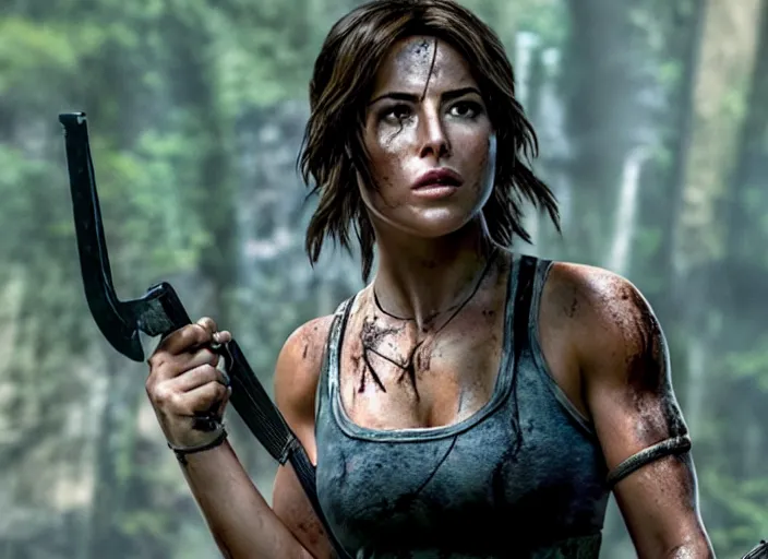 Image similar to film still of!!!! chloe bennett!!! as lara croft in new tomb raider movie, 8 k