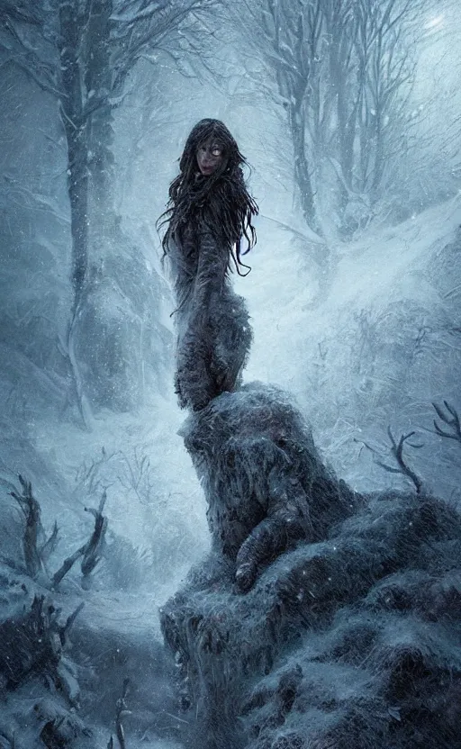 Image similar to portrait of a frozen monster creature, standing in a snowy field, fantasy, highly detailed, cinematic lighting, digital art painting by greg rutkowski