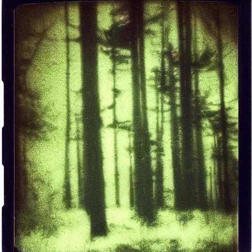 Image similar to alien abduction in a forest at night, old polaroid, expired film, blurry, lost footage, found footage,