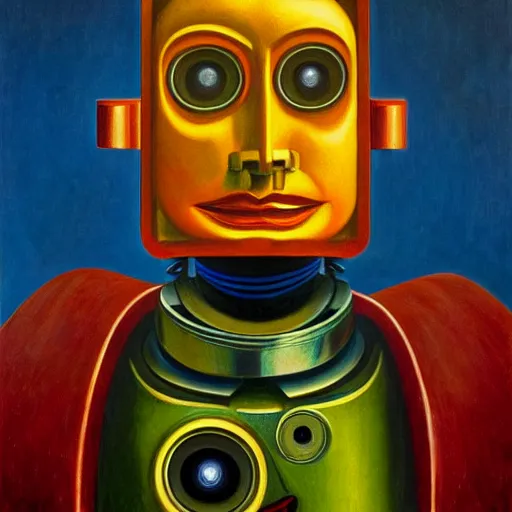 Prompt: super - intelligent robot with kind eyes portrait, pj crook, grant wood, edward hopper, oil on canvas