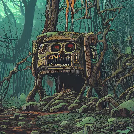 Image similar to in the style of ghostshrimp and deathburger and laurie greasley a giant decaying robot head in a forest that has been turned into a quaint house, highly detailed, 8k wallpaper