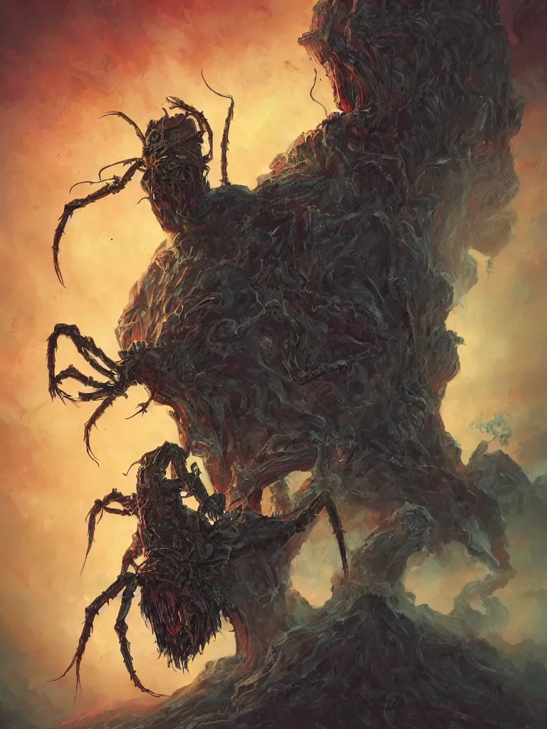 Image similar to An epic fantasy comic book style portrait painting of a monster woman with needle hair and huge spider legs crawling out of a volcano, RPG portrait, by Anato Finnstark, by Randy Vargas, by Bayard Wu, by Wayne Barlowe