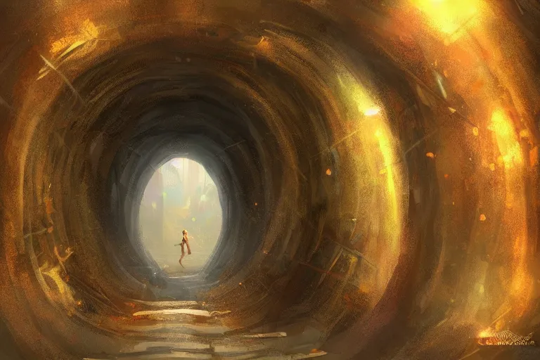 Image similar to a tunnel towards dreamy land ,concept art trending on artstation, golden rule, magical world ,