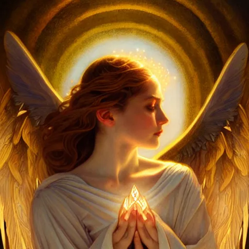 Image similar to Winged girl angel with a glowing halo, face, fantasy, intricate, elegant, dramatic lighting, highly detailed, lifelike, photorealistic, digital painting, artstation, concept art, smooth, sharp focus, illustration, art by John Collier and Krenz Cushart and Artem Demura and Alphonse Mucha and and Albert Aublet