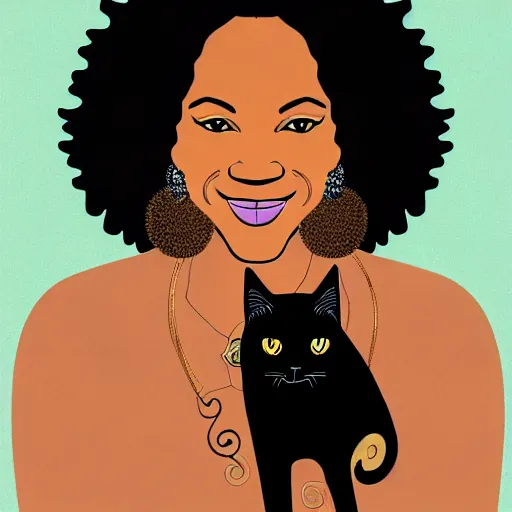 Image similar to an adult black woman, light skin, colorful ornate earrings, curly 3 c black hair, smile on her face, brown eyes, holding her small black bombay cat in the style of alex grey, trending on art station 8 k