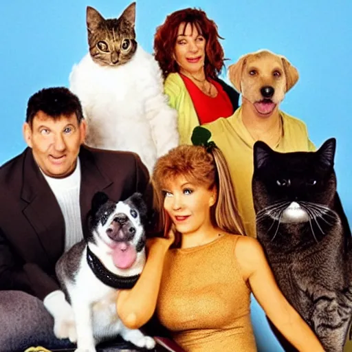 Prompt: a still from the tv series Married with children, actors replaced by cats and dogs, vhs quality