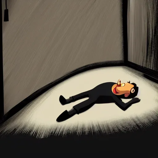 Image similar to cartoon character laying down in a room with black outlining, award winning, digital art, eerie