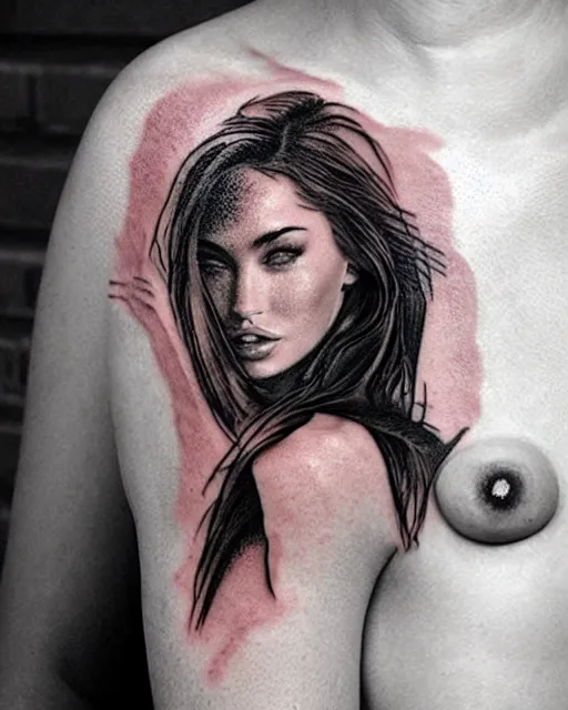 Image similar to creative double exposure effect tattoo design sketch of megan fox faded with beautiful mountain scenery, realism tattoo, in the style of matteo pasqualin, amazing detail, sharp