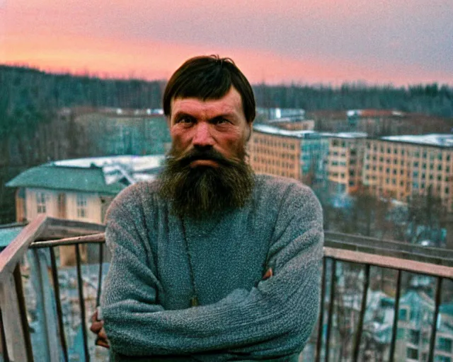 Image similar to lomographic tarkovsky film still of 4 0 years russian man with beard and sweater standing on small hrushevka 9 th floor balcony in taiga looking at sunset, perfect faces, cinestill, bokeh