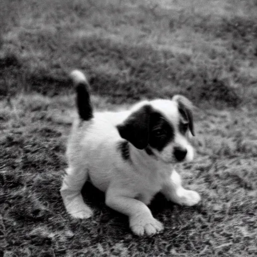 Image similar to photograph of a puppy in a trench ww2 grainy 35mm film