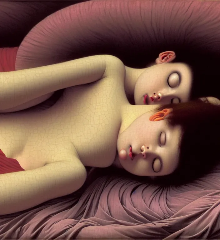 Prompt: ultra detailed artwork by Junji Ito of a professional 8k photo of a cyborg-robot-elph-girl sleeping in bed in the morning by William-Adolphe Bouguereau . still from a 2021 movie by Terrence Malick and Gaspar Noe