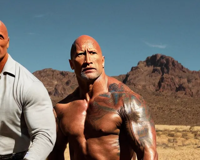 Prompt: dwayne johnson and bob odenkirk in the desert, movie still, photorealistic, detailed realistic bodies, realistic faces, clea composition