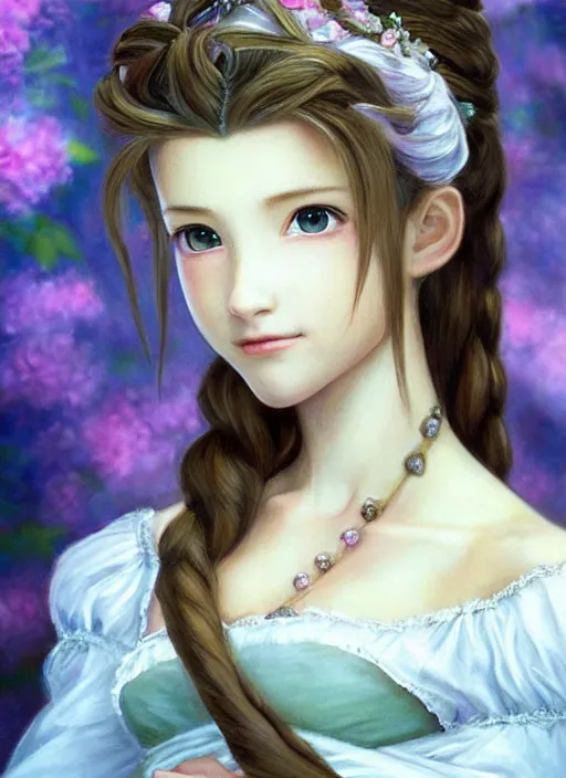 Prompt: elegant Aerith Gainsborough stares intently at the viewer in an intense way. ultra detailed painting at 16K resolution and epic visuals. epically surreally beautiful image. amazing effect, image looks crazily crisp as far as it's visual fidelity goes, absolutely outstanding. vivid clarity. ultra. iridescent. mind-breaking. mega-beautiful pencil shadowing. beautiful face. Ultra High Definition. processed twice.