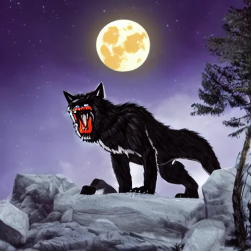 Image similar to werewolf transforming on top of a mountain in the moonlight