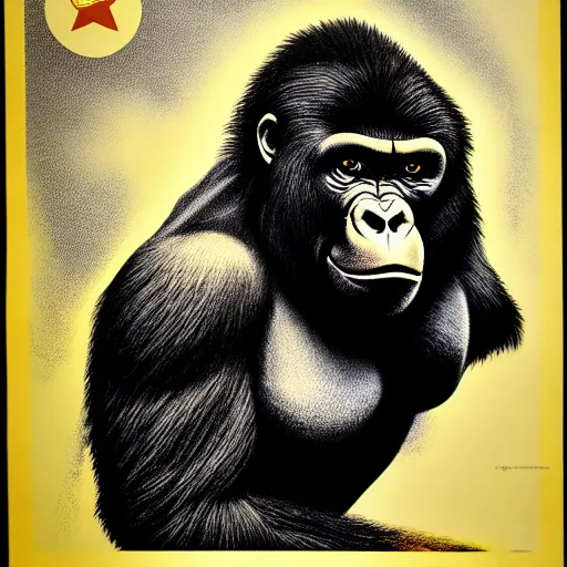 Prompt: communist propaganda poster of a gorilla, 4 k, hyper realistic, dslr, high resolution, landscape, beautiful