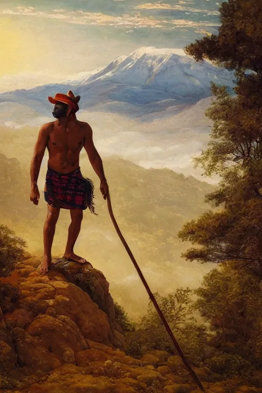 Prompt: a dramatic epic beautiful painting of a shirtless desi man on a mountain path | he is wearing a scottish plaid kilt and cowboy hat, and holding a walking stick | background is mountains and clouds | dramatic lighting, golden hour, homoerotic | by mark maggiori, by walter crane, by gaston bussiere, by tom of finland | trending on artstation