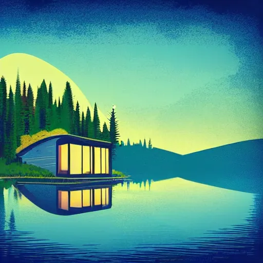 Image similar to small sci - fi cottage at the edge of a lake in the mountains, retro illustration on parchment, soft glowing windows, early evening, reflections, pine trees,