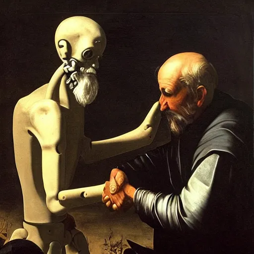 Image similar to painting of old man shaking hands with a robot in a graveyard, liminal, gothic, eerie, intricate, detailed, award winning painting, art by caravaggio,