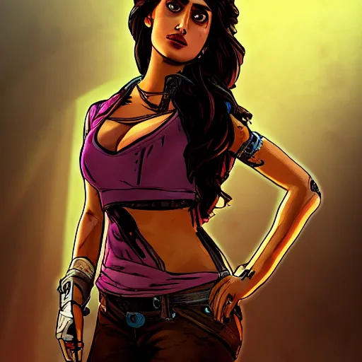 Prompt: penelope cruz portrait, borderlands, tales from the borderlands, the wolf among us, comic, cinematic lighting, studio quality, 8 k